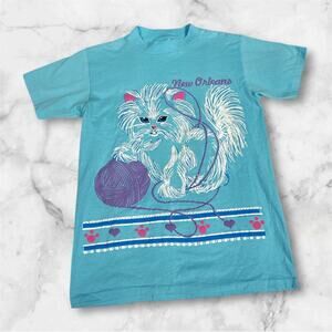 Vintage Cat Tee T-Shirt Size Small Single Stitch 80s Puff Paint New Orleans Tee